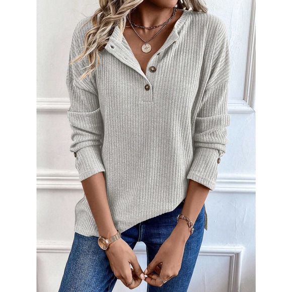 preppy Half Button Drop Shoulder ribbed Knit long sleeve Tee - Picture 7 of 11